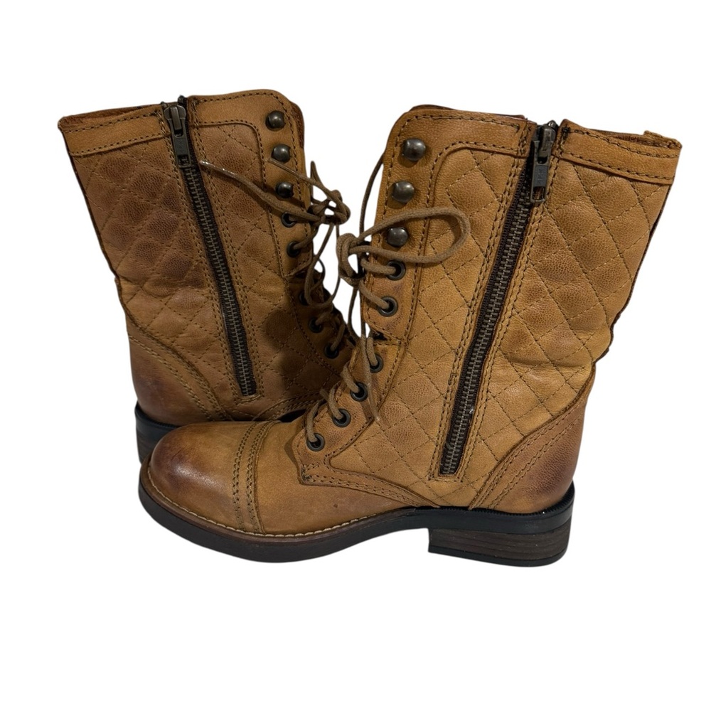 Steve Madden Cognac Tan Saffrin Quilted Leather Combat Boots - Picture 3 of 6